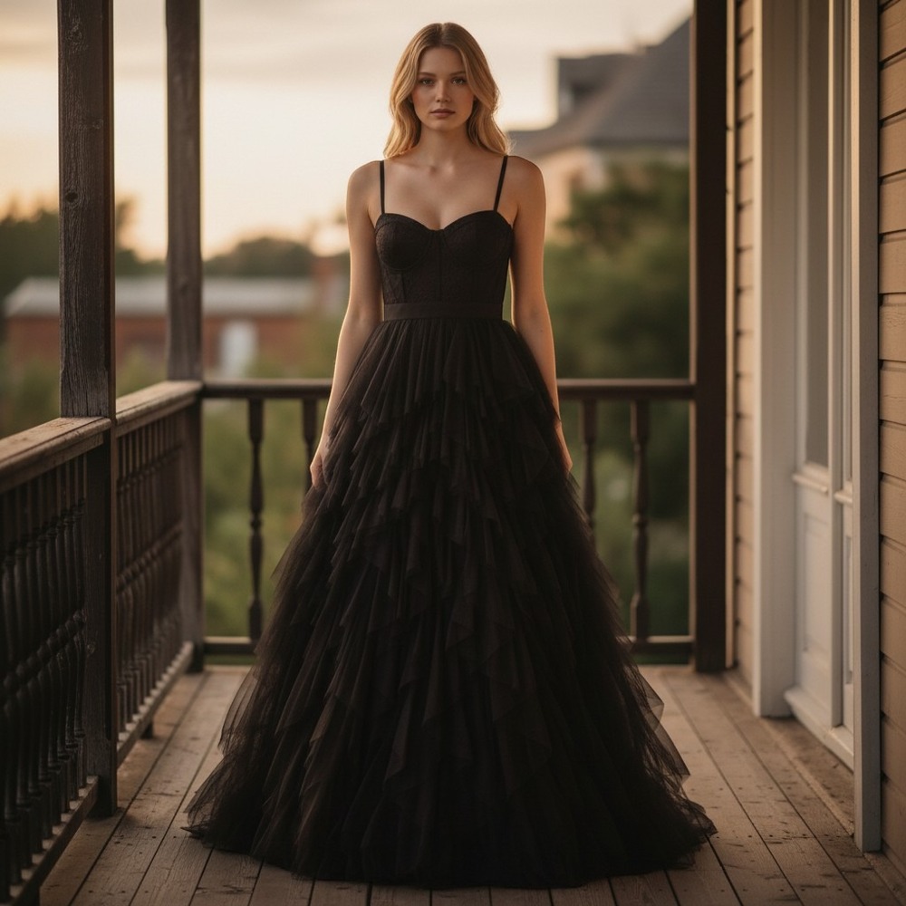 Windsor Black Tulle Tiered Ball Gown Lace Corset Bodice Prom Dress Long Large